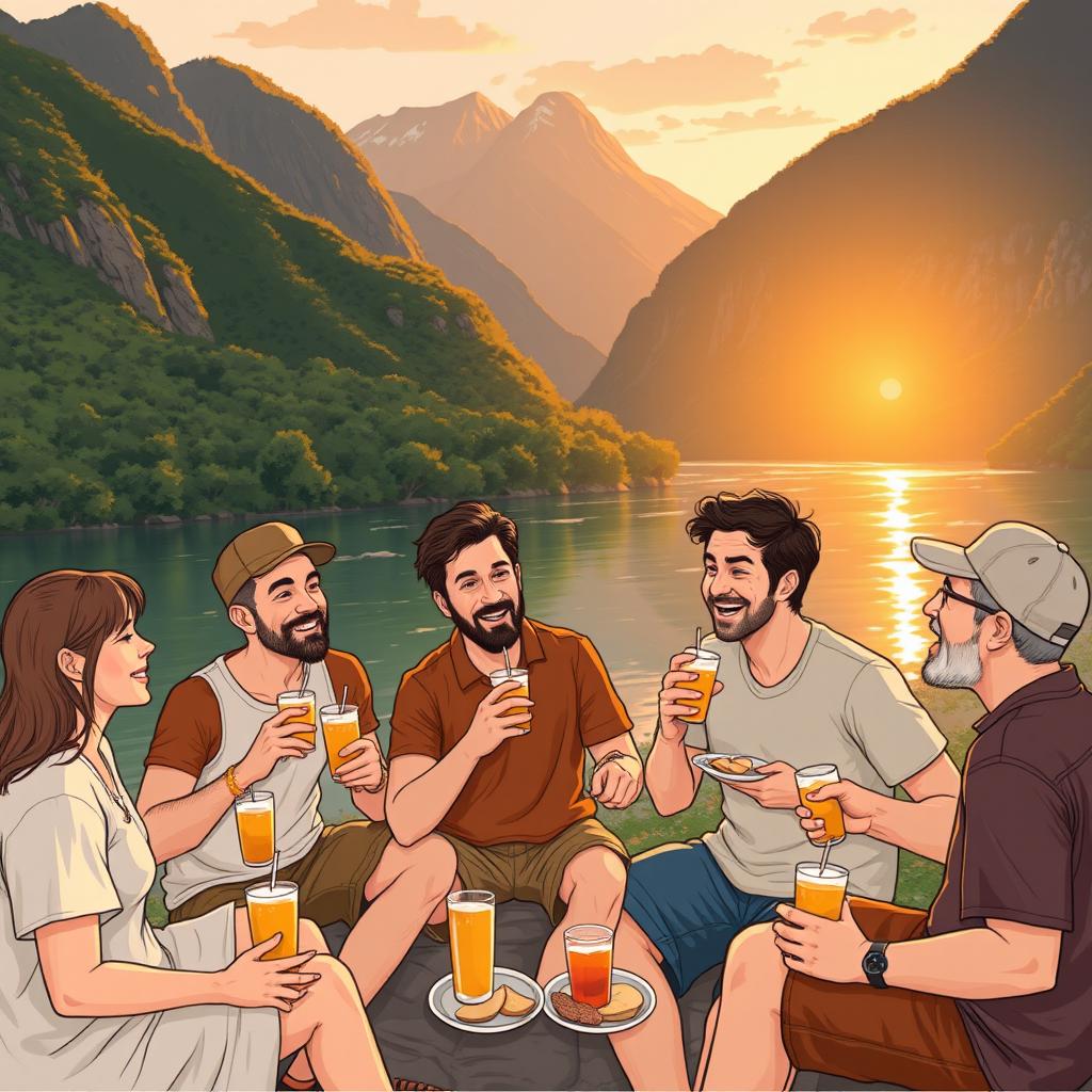 Five people, one woman and four men, casually enjoying instant snacks and beverages by a picturesque riverbank surrounded by lush, magnificent mountains