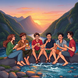 A vibrant illustration depicting five young adults, one woman and four men, enjoying a light and instant meal at the edge of a picturesque river surrounded by lush, breathtaking mountains