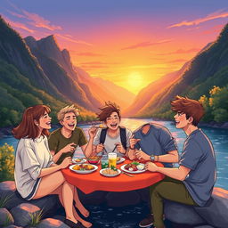 A vibrant illustration depicting five young adults, one woman and four men, enjoying a light and instant meal at the edge of a picturesque river surrounded by lush, breathtaking mountains