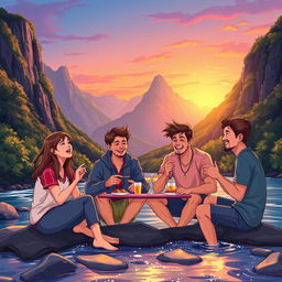 A vibrant illustration depicting five young adults, one woman and four men, enjoying a light and instant meal at the edge of a picturesque river surrounded by lush, breathtaking mountains