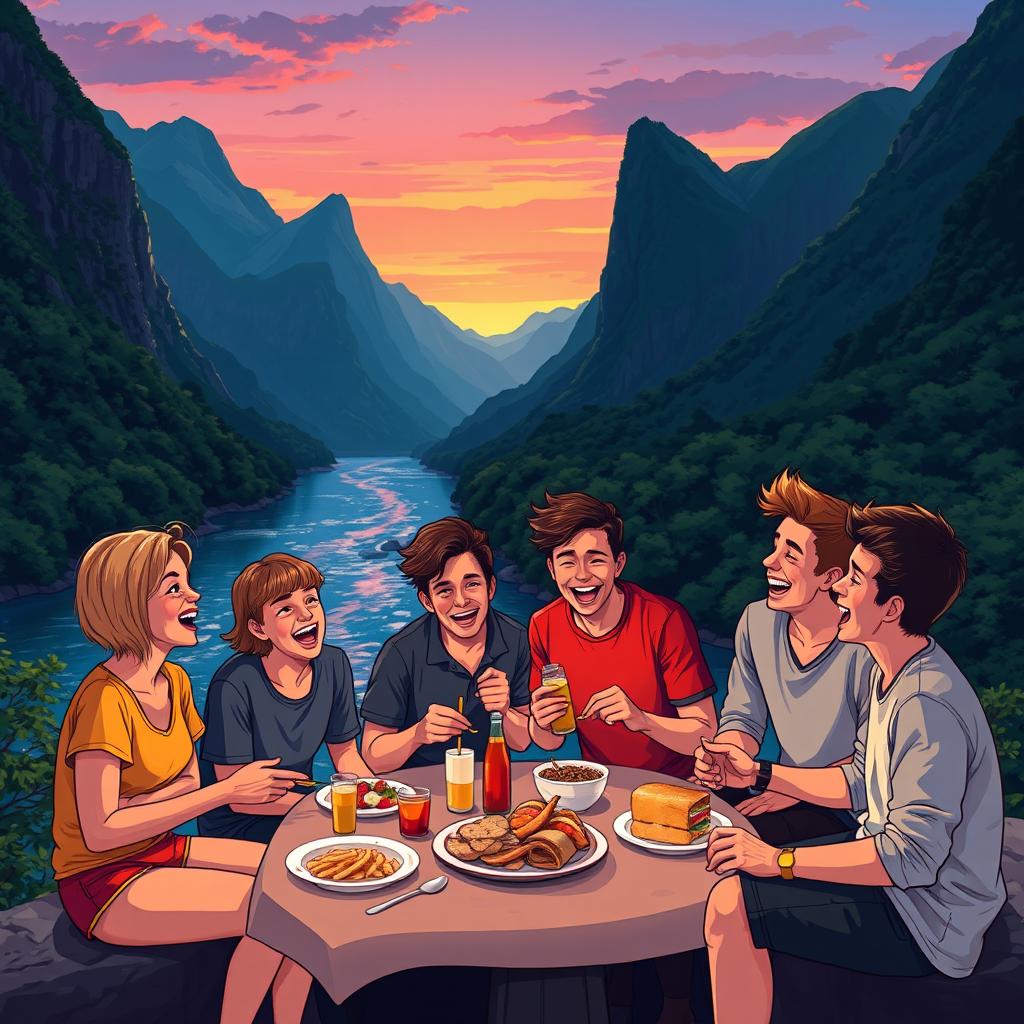 A vibrant illustration depicting five young adults, one woman and four men, enjoying a light and instant meal at the edge of a picturesque river surrounded by lush, breathtaking mountains