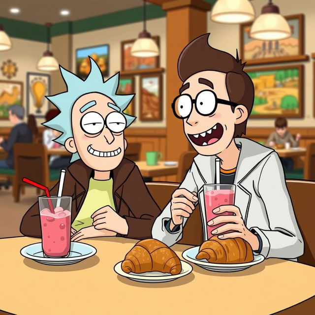 A chubby boy with stubble and glasses sits at a cozy café table with his friend, Morty Smith from the animated series 'Rick and Morty'