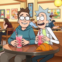 A chubby boy with stubble and glasses sits at a cozy café table with his friend, Morty Smith from the animated series 'Rick and Morty'