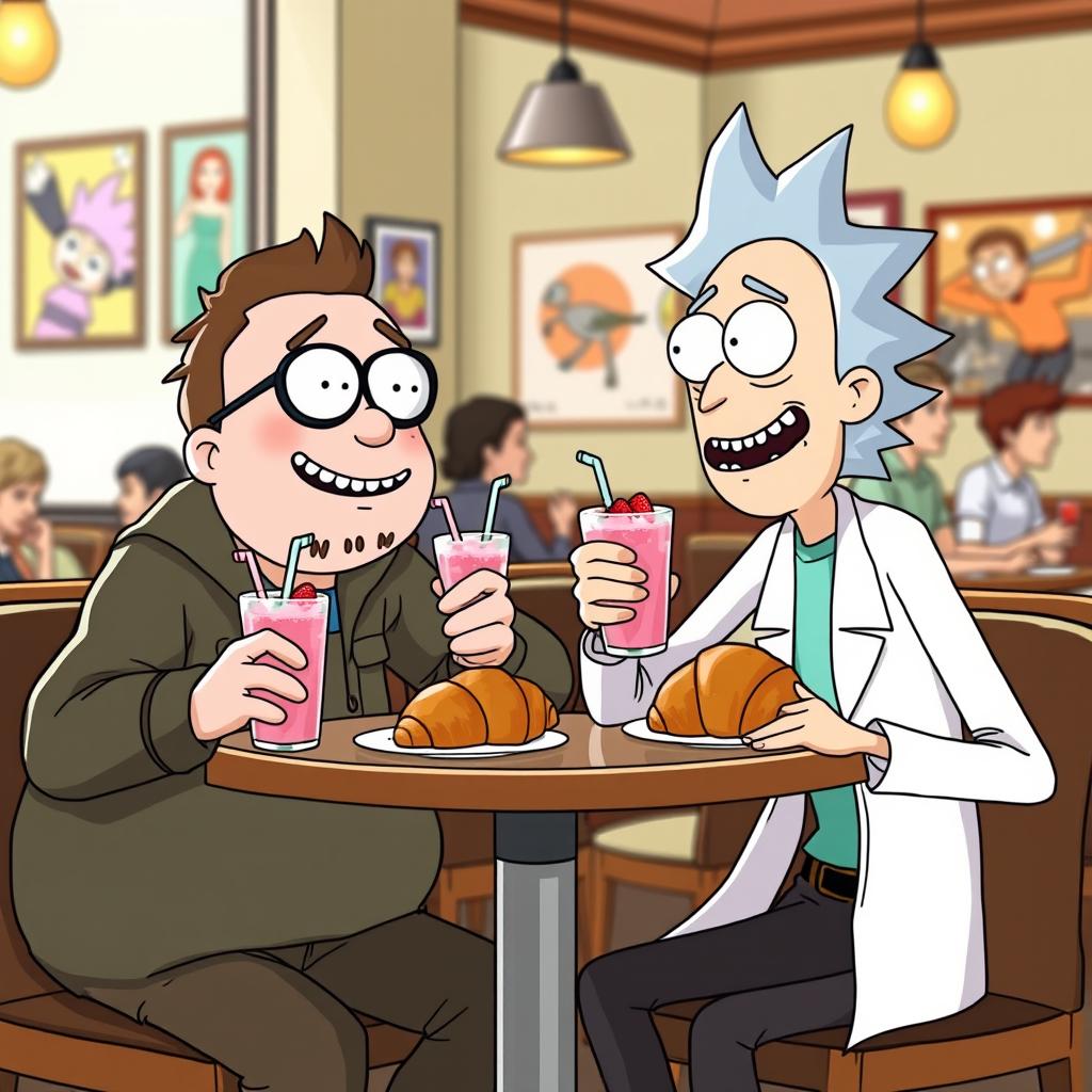 A chubby boy with stubble and glasses sits at a cozy café table with his friend, Morty Smith from the animated series 'Rick and Morty'