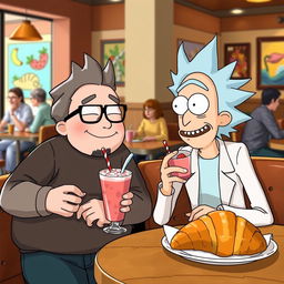A chubby boy with stubble and glasses sits at a cozy café table with his friend, Morty Smith from the animated series 'Rick and Morty'