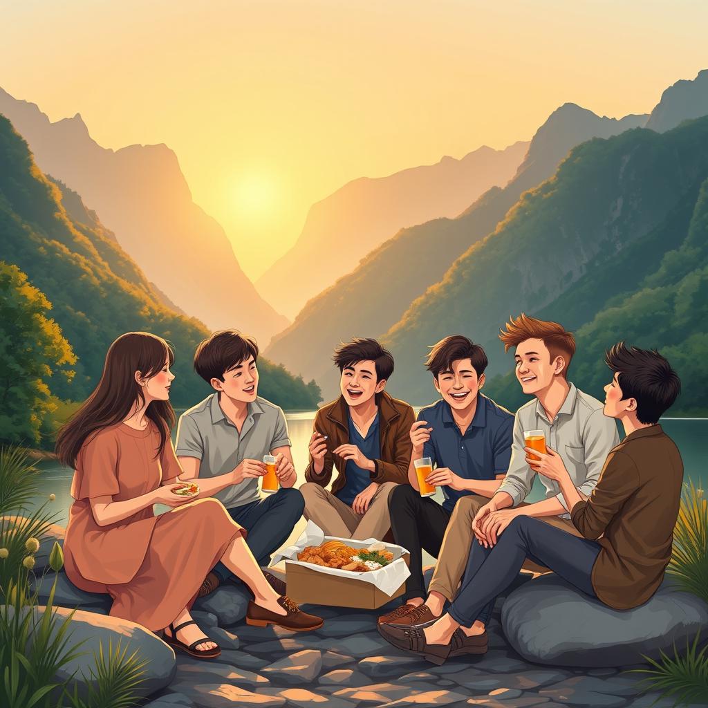 An elegant and professional illustration depicting five young people, one woman and four men, enjoying instant and light snacks while sitting by the riverbank amidst lush, breathtaking mountains