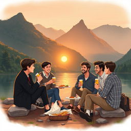 An elegant and professional illustration depicting five young people, one woman and four men, enjoying instant and light snacks while sitting by the riverbank amidst lush, breathtaking mountains