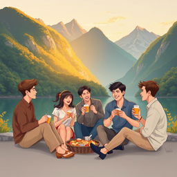 An elegant and professional illustration depicting five young people, one woman and four men, enjoying instant and light snacks while sitting by the riverbank amidst lush, breathtaking mountains
