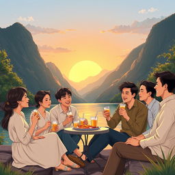 An elegant and professional illustration depicting five young people, one woman and four men, enjoying instant and light snacks while sitting by the riverbank amidst lush, breathtaking mountains