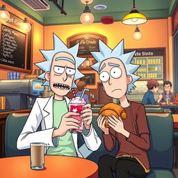 Anime-style illustration of Rick and Morty sitting in a cozy cafe shop