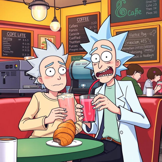 Anime-style illustration of Rick and Morty sitting in a cozy cafe shop