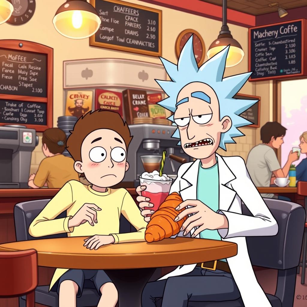 Anime-style illustration of Rick and Morty sitting in a cozy cafe shop