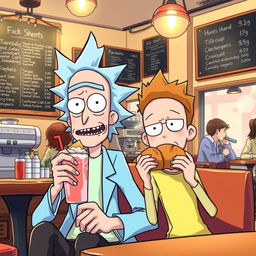 Anime-style illustration of Rick and Morty sitting in a cozy cafe shop