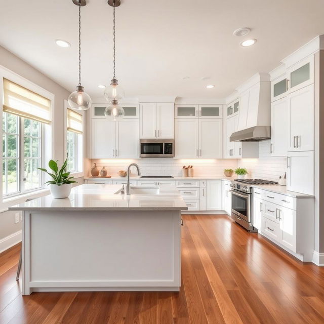 A beautifully remodeled kitchen showcasing a modern design with a spacious layout, featuring sleek white cabinetry, a large central island with bar seating, and quartz countertops