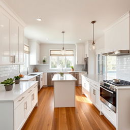 A beautifully remodeled kitchen showcasing a modern design with a spacious layout, featuring sleek white cabinetry, a large central island with bar seating, and quartz countertops