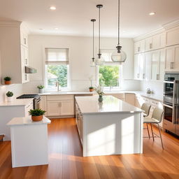 A beautifully remodeled kitchen showcasing a modern design with a spacious layout, featuring sleek white cabinetry, a large central island with bar seating, and quartz countertops