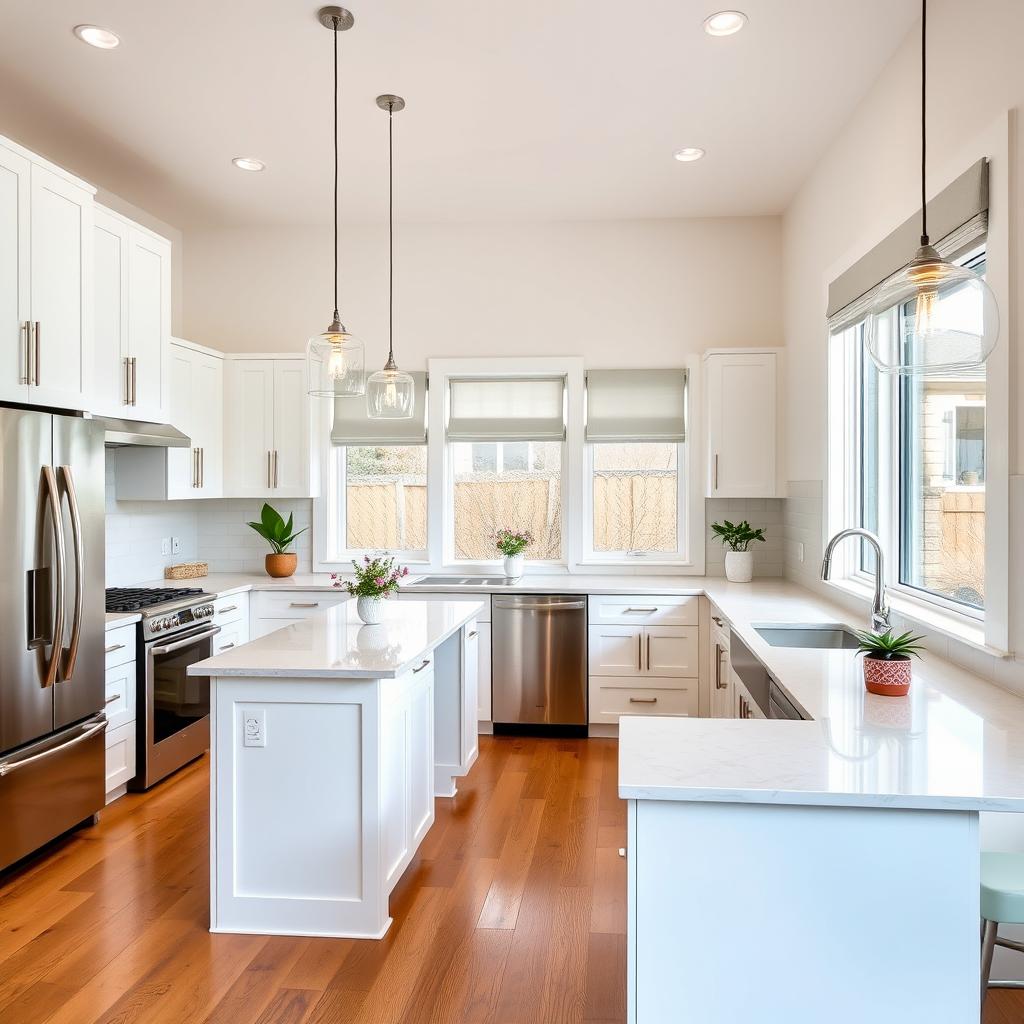 A beautifully remodeled kitchen showcasing a modern design with a spacious layout, featuring sleek white cabinetry, a large central island with bar seating, and quartz countertops