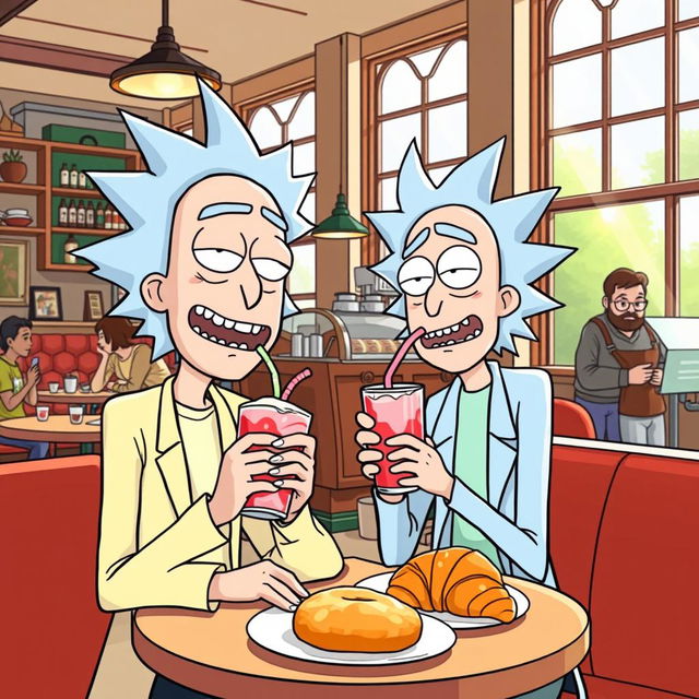 Illustration of Rick and Morty in a cafe shop