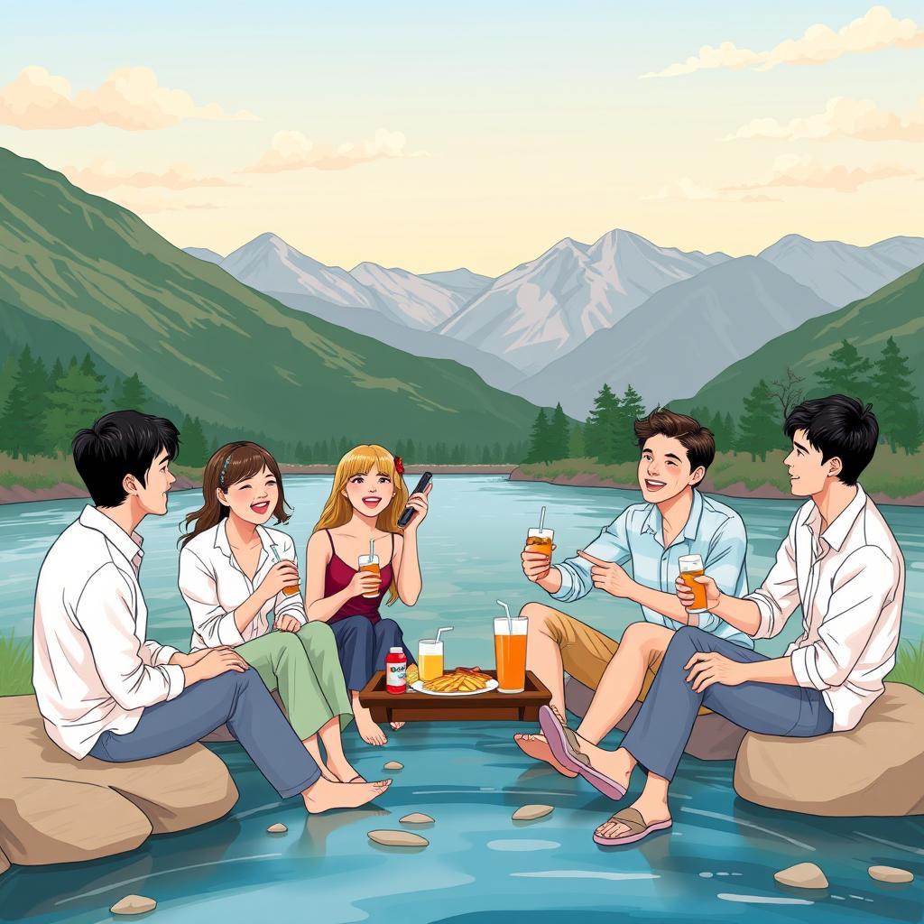 An elegant and professional illustration featuring five young adults, one woman and four men, enjoying a light meal of instant snacks and drinks by a beautiful river, surrounded by stunning mountains