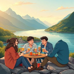 An elegant and professional illustration featuring five young adults, one woman and four men, enjoying a light meal of instant snacks and drinks by a beautiful river, surrounded by stunning mountains