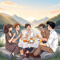 An elegant and professional illustration featuring five young adults, one woman and four men, enjoying a light meal of instant snacks and drinks by a beautiful river, surrounded by stunning mountains