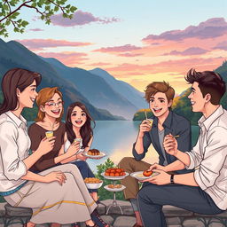 An elegant and professional illustration depicting five young adults, one woman and four men, enjoying instant and light snacks while sitting by a picturesque river surrounded by lush mountains