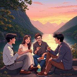 An elegant and professional illustration depicting five young adults, one woman and four men, enjoying instant and light snacks while sitting by a picturesque river surrounded by lush mountains
