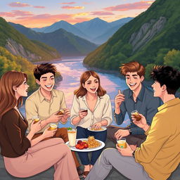 An elegant and professional illustration depicting five young adults, one woman and four men, enjoying instant and light snacks while sitting by a picturesque river surrounded by lush mountains