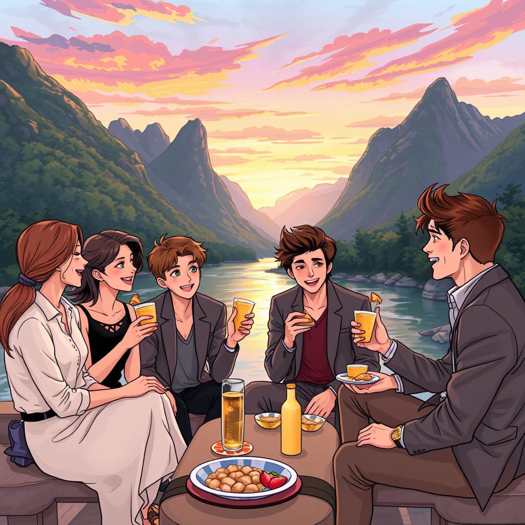 An elegant and professional illustration depicting five young adults, one woman and four men, enjoying instant and light snacks while sitting by a picturesque river surrounded by lush mountains