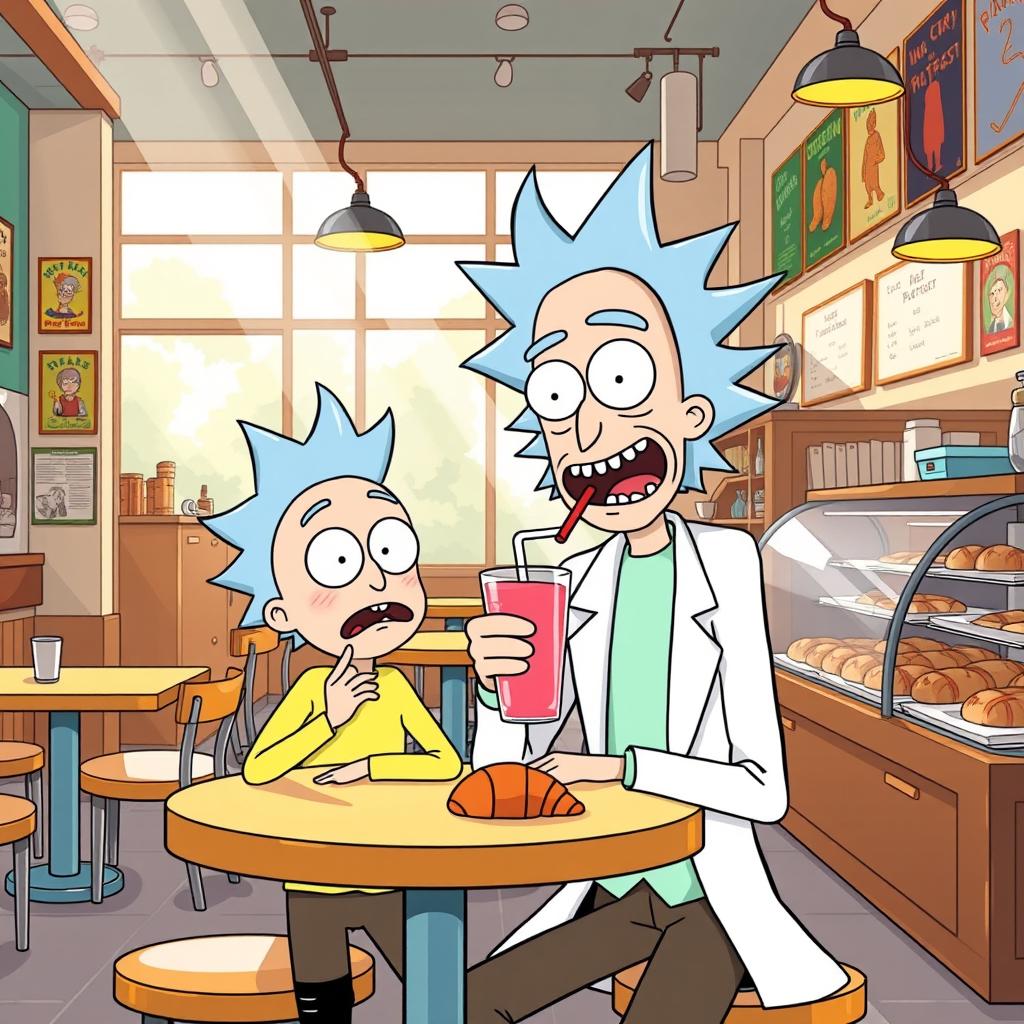 A lively illustration of Rick and Morty in a bustling cafe shop