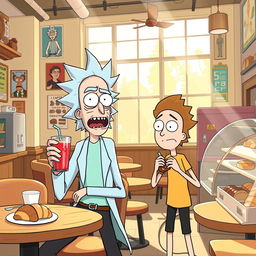 A lively illustration of Rick and Morty in a bustling cafe shop