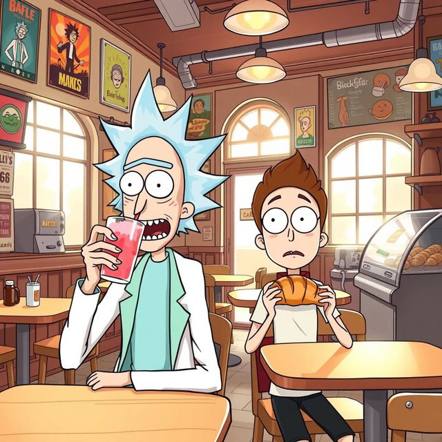 A lively illustration of Rick and Morty in a bustling cafe shop