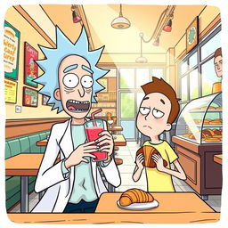 A lively illustration of Rick and Morty in a bustling cafe shop