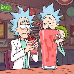 A playful illustration featuring Rick and Morty enjoying strawberry shakes