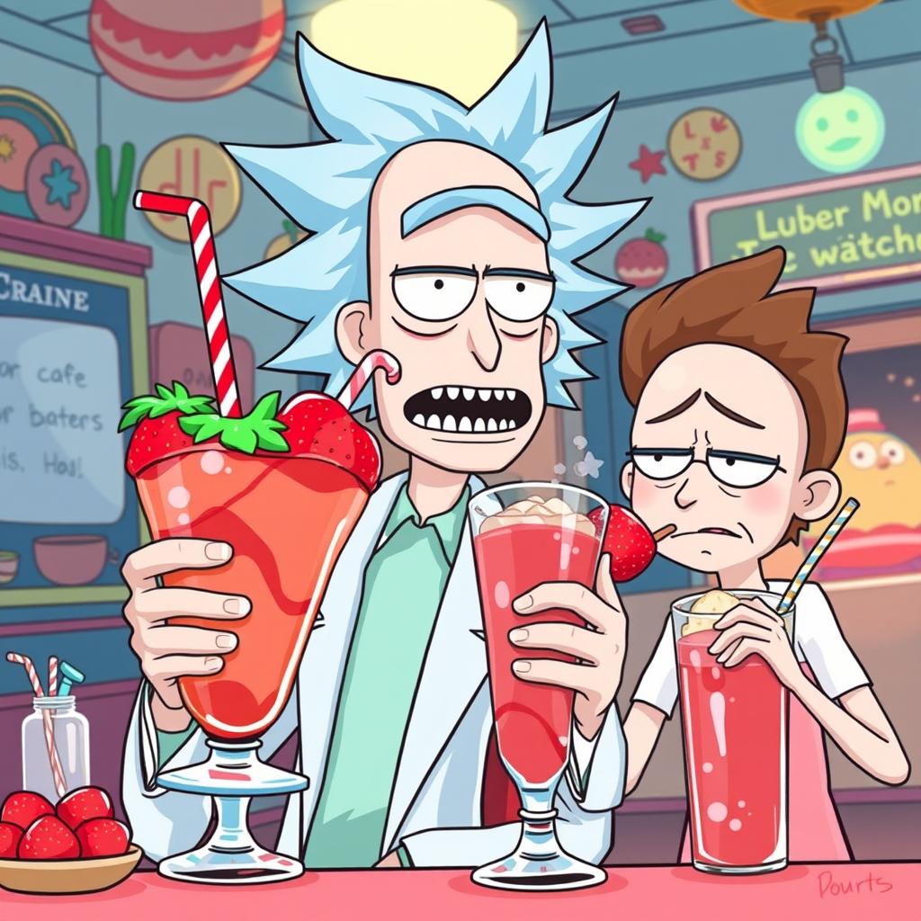 A playful illustration featuring Rick and Morty enjoying strawberry shakes