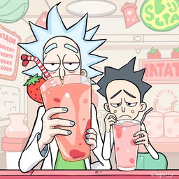 A playful illustration featuring Rick and Morty enjoying strawberry shakes