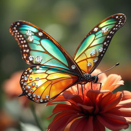 A large, realistic butterfly featuring intricately designed wings adorned with sparkling diamonds and beautiful jewelry