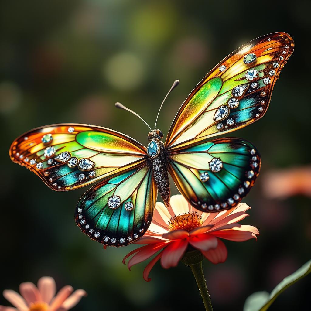 A large, realistic butterfly featuring intricately designed wings adorned with sparkling diamonds and beautiful jewelry