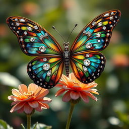 A large, realistic butterfly featuring intricately designed wings adorned with sparkling diamonds and beautiful jewelry