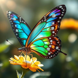 A large, realistic butterfly featuring intricately designed wings adorned with sparkling diamonds and beautiful jewelry