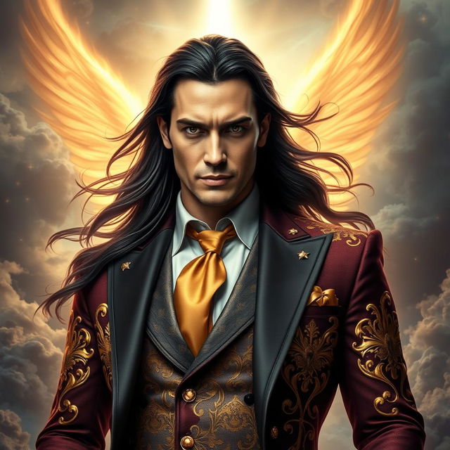 A strikingly charismatic figure representing Lucifer Morningstar, depicted as a tall, elegant man with an aura of celestial beauty