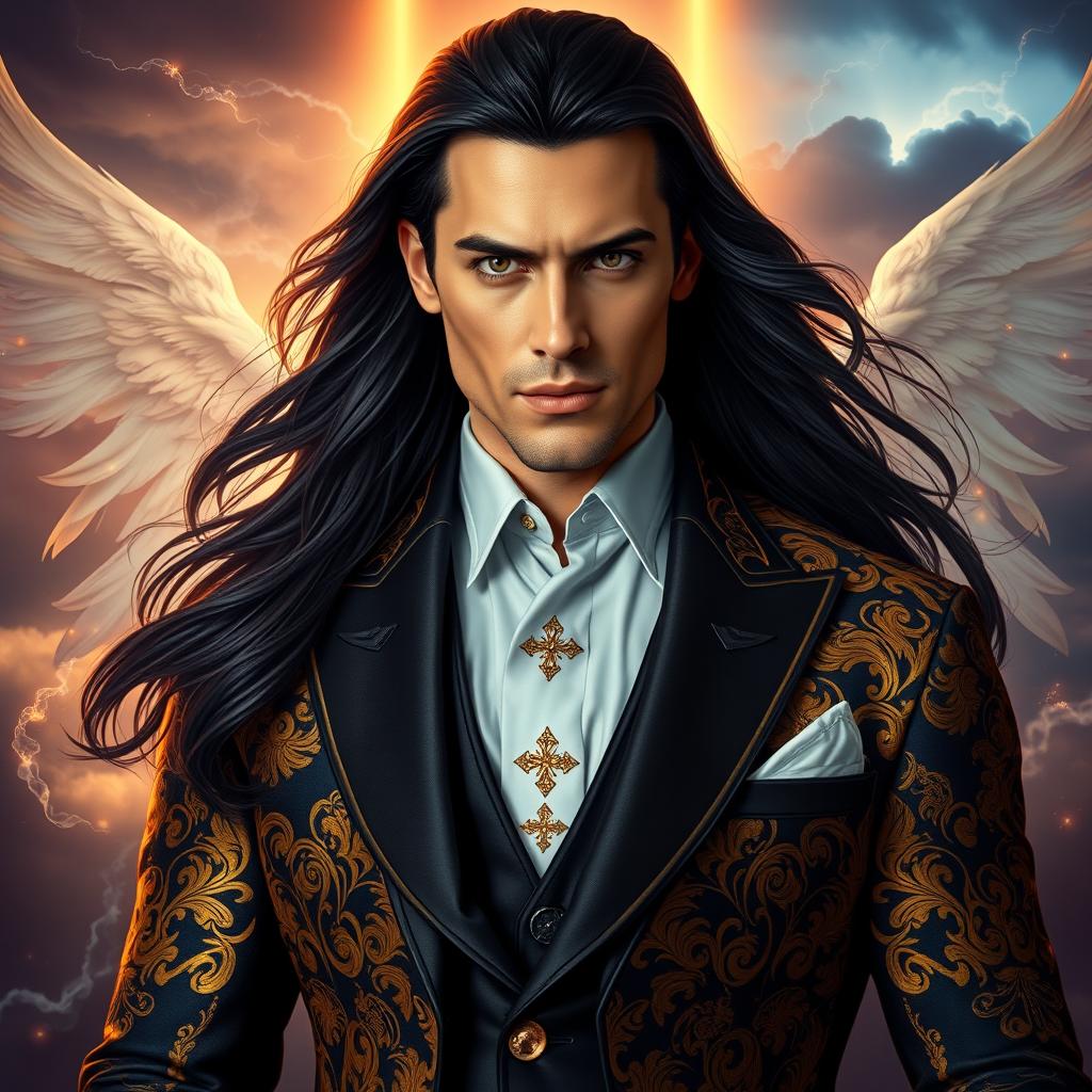 A strikingly charismatic figure representing Lucifer Morningstar, depicted as a tall, elegant man with an aura of celestial beauty