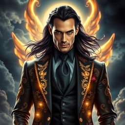 A strikingly charismatic figure representing Lucifer Morningstar, depicted as a tall, elegant man with an aura of celestial beauty
