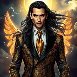 A strikingly charismatic figure representing Lucifer Morningstar, depicted as a tall, elegant man with an aura of celestial beauty
