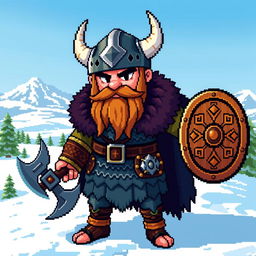 A detailed pixel art Viking character, wearing a traditional horned helmet, adorned in a chainmail armor and a fur-lined cloak
