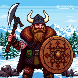A detailed pixel art Viking character, wearing a traditional horned helmet, adorned in a chainmail armor and a fur-lined cloak