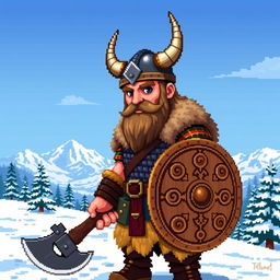A detailed pixel art Viking character, wearing a traditional horned helmet, adorned in a chainmail armor and a fur-lined cloak
