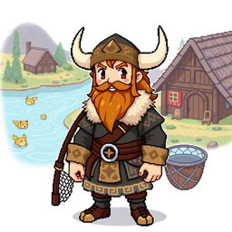 A pixel art style sprite of a Pokémon trainer inspired by Vikings, designed in a 4th generation graphics style