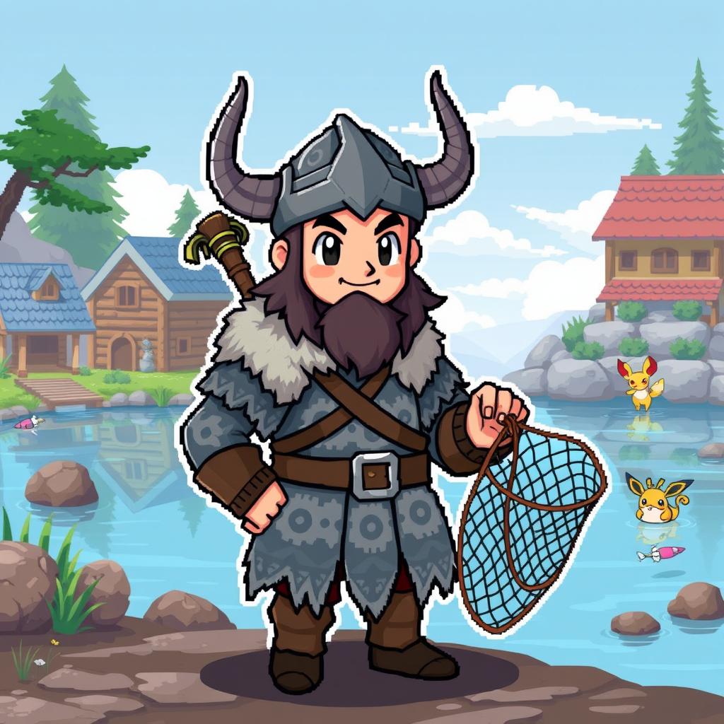 A pixel art style sprite of a Pokémon trainer inspired by Vikings, designed in a 4th generation graphics style