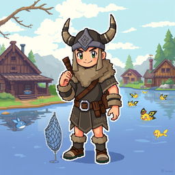 A pixel art style sprite of a Pokémon trainer inspired by Vikings, designed in a 4th generation graphics style